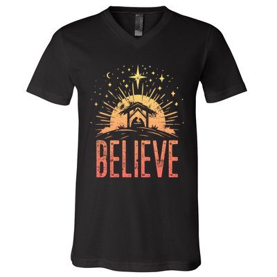 Believe Christmas Religious Nativity Baby Jesus Manger V-Neck T-Shirt