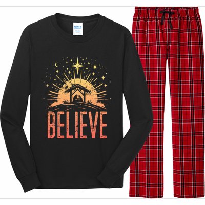 Believe Christmas Religious Nativity Baby Jesus Manger Long Sleeve Pajama Set