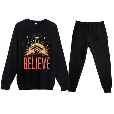 Believe Christmas Religious Nativity Baby Jesus Manger Premium Crewneck Sweatsuit Set