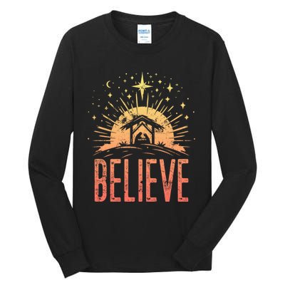 Believe Christmas Religious Nativity Baby Jesus Manger Tall Long Sleeve T-Shirt