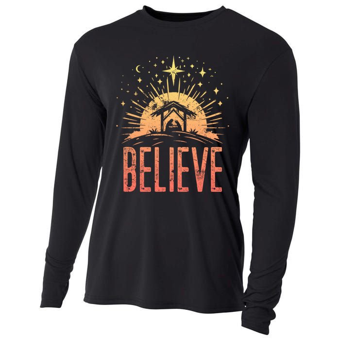 Believe Christmas Religious Nativity Baby Jesus Manger Cooling Performance Long Sleeve Crew