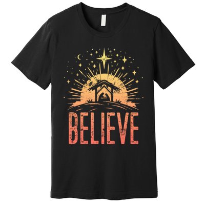 Believe Christmas Religious Nativity Baby Jesus Manger Premium T-Shirt