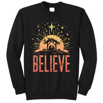 Believe Christmas Religious Nativity Baby Jesus Manger Tall Sweatshirt