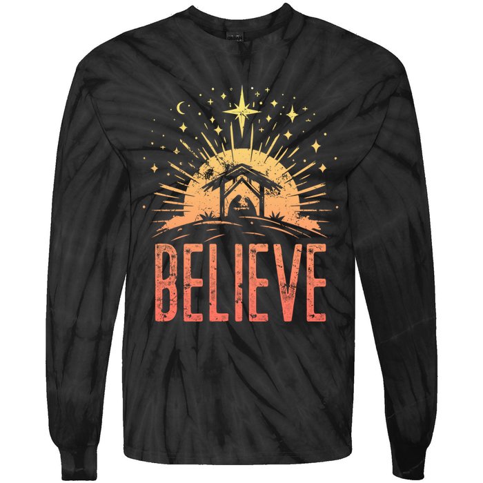 Believe Christmas Religious Nativity Baby Jesus Manger Tie-Dye Long Sleeve Shirt