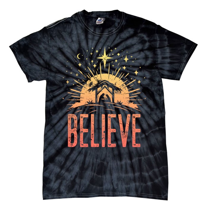 Believe Christmas Religious Nativity Baby Jesus Manger Tie-Dye T-Shirt