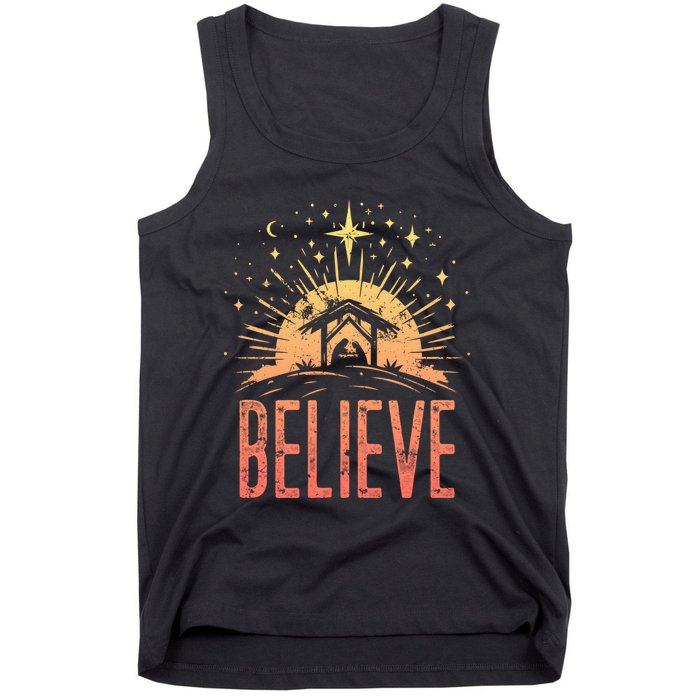 Believe Christmas Religious Nativity Baby Jesus Manger Tank Top