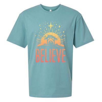 Believe Christmas Religious Nativity Baby Jesus Manger Sueded Cloud Jersey T-Shirt