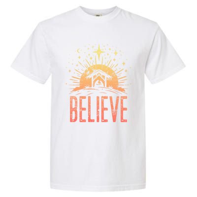 Believe Christmas Religious Nativity Baby Jesus Manger Garment-Dyed Heavyweight T-Shirt