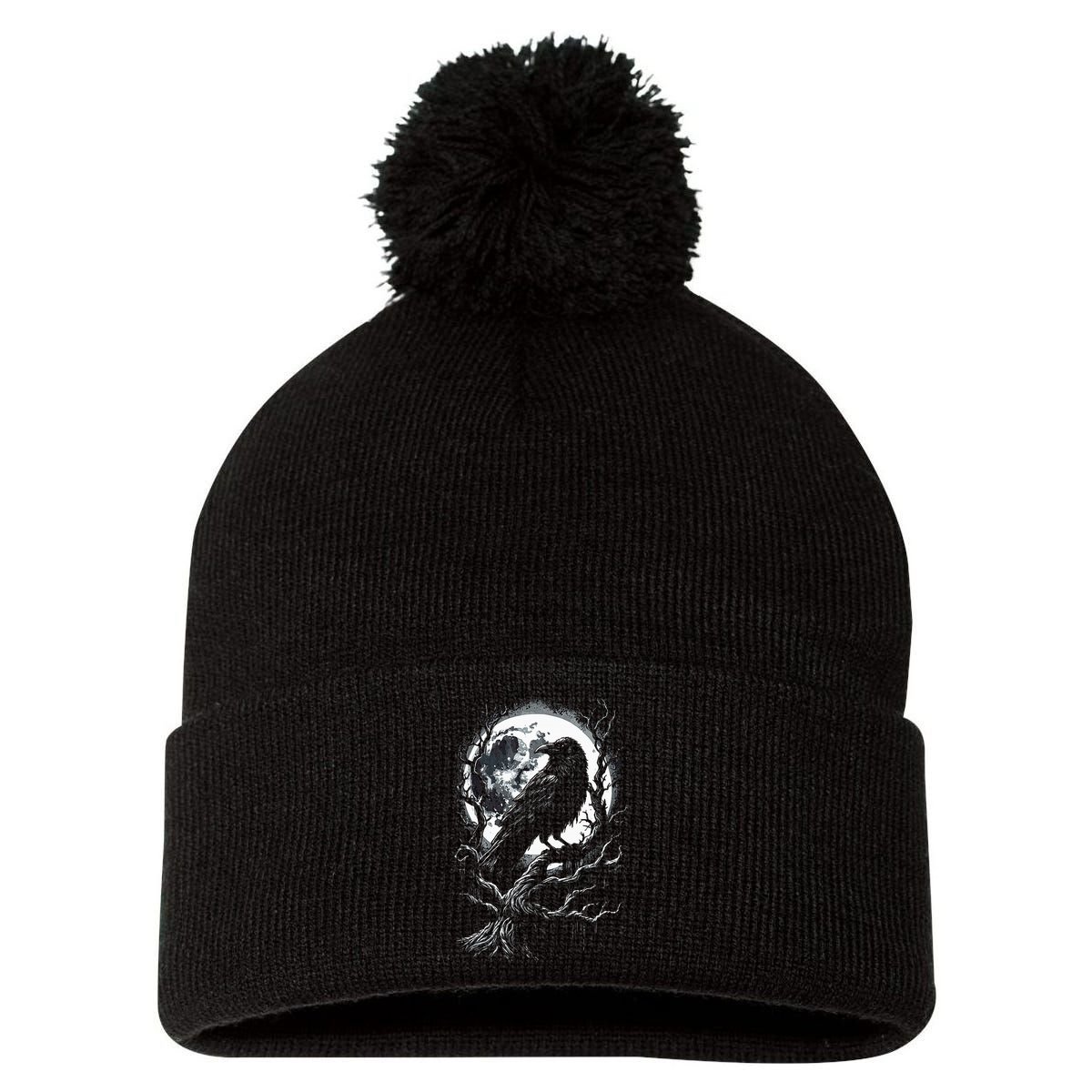 Black Crow Raven Bird Pom Pom 12in Knit Beanie