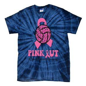 Breast Cancer Ribbon Pink Out Volleyball Pink Ribbon Leopard Tie-Dye T-Shirt