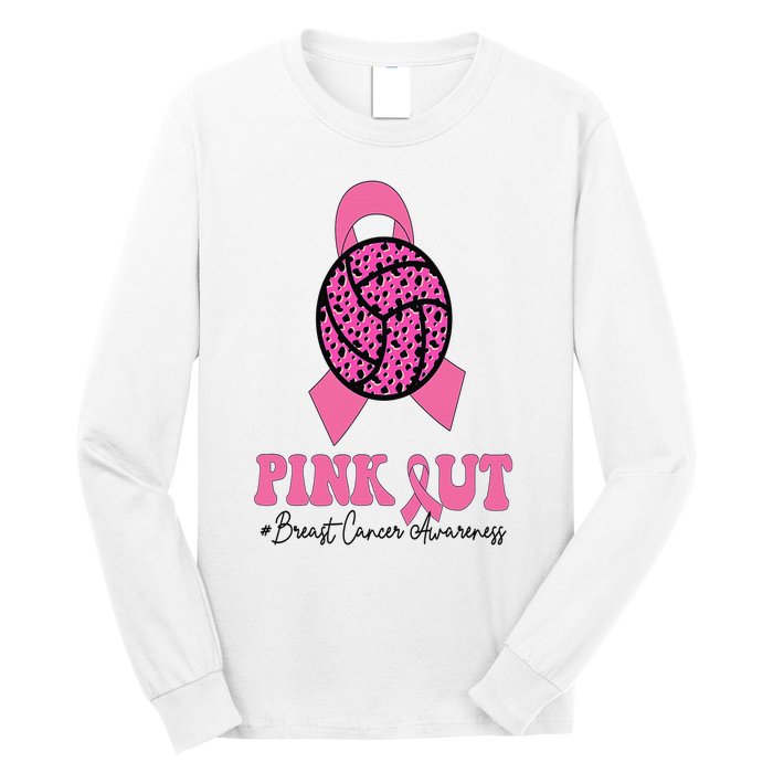 Breast Cancer Ribbon Pink Out Volleyball Pink Ribbon Leopard Long Sleeve Shirt