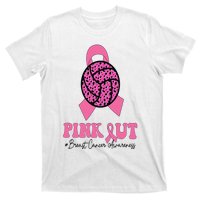 Breast Cancer Ribbon Pink Out Volleyball Pink Ribbon Leopard T-Shirt