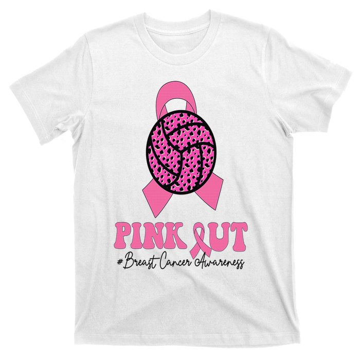 Breast Cancer Ribbon Pink Out Volleyball Pink Ribbon Leopard T-Shirt