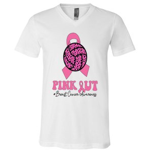 Breast Cancer Ribbon Pink Out Volleyball Pink Ribbon Leopard V-Neck T-Shirt