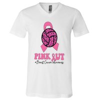 Breast Cancer Ribbon Pink Out Volleyball Pink Ribbon Leopard V-Neck T-Shirt