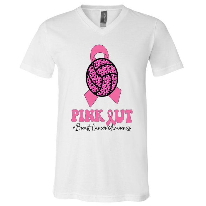 Breast Cancer Ribbon Pink Out Volleyball Pink Ribbon Leopard V-Neck T-Shirt