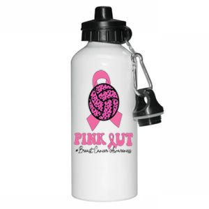 Breast Cancer Ribbon Pink Out Volleyball Pink Ribbon Leopard Aluminum Water Bottle