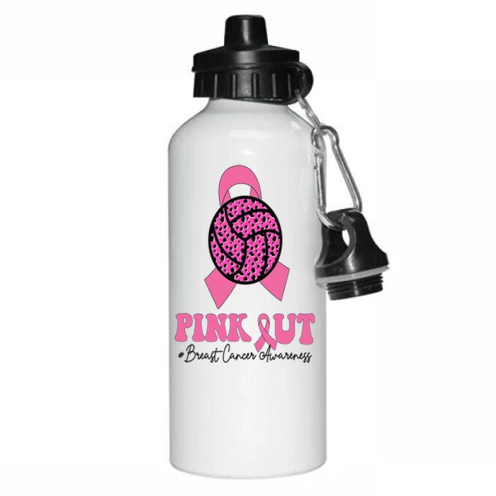 Breast Cancer Ribbon Pink Out Volleyball Pink Ribbon Leopard Aluminum Water Bottle