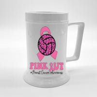 Breast Cancer Ribbon Pink Out Volleyball Pink Ribbon Leopard Beer Stein