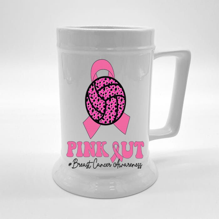 Breast Cancer Ribbon Pink Out Volleyball Pink Ribbon Leopard Beer Stein