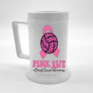 Breast Cancer Ribbon Pink Out Volleyball Pink Ribbon Leopard Beer Stein