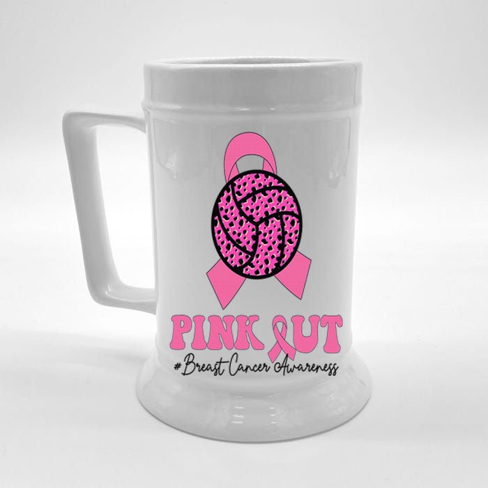 Breast Cancer Ribbon Pink Out Volleyball Pink Ribbon Leopard Beer Stein