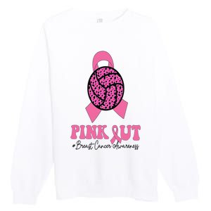 Breast Cancer Ribbon Pink Out Volleyball Pink Ribbon Leopard Premium Crewneck Sweatshirt