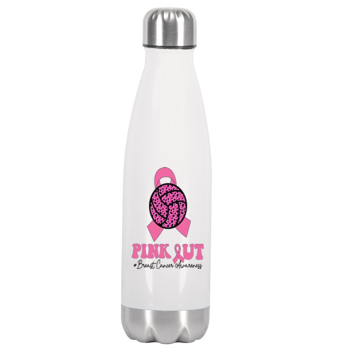 Breast Cancer Ribbon Pink Out Volleyball Pink Ribbon Leopard Stainless Steel Insulated Water Bottle