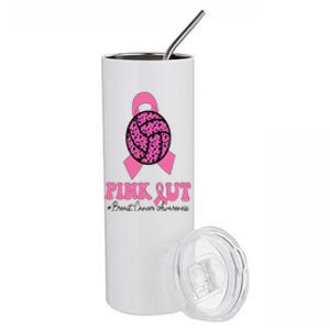 Breast Cancer Ribbon Pink Out Volleyball Pink Ribbon Leopard Stainless Steel Tumbler