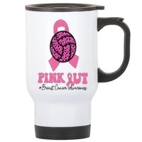 Breast Cancer Ribbon Pink Out Volleyball Pink Ribbon Leopard Stainless Steel Travel Mug