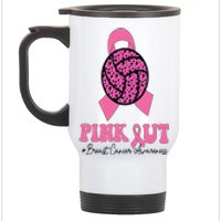 Breast Cancer Ribbon Pink Out Volleyball Pink Ribbon Leopard Stainless Steel Travel Mug