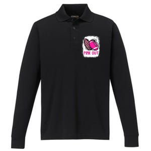 Breast Cancer Ribbon Out Football Heart Bleached Performance Long Sleeve Polo