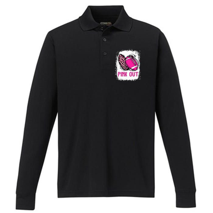 Breast Cancer Ribbon Out Football Heart Bleached Performance Long Sleeve Polo