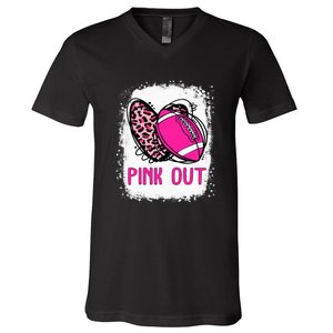 Breast Cancer Ribbon Out Football Heart Bleached V-Neck T-Shirt