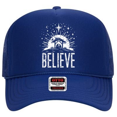 Believe Christmas Religious Nativity Jesus Ger Gift High Crown Mesh Back Trucker Hat