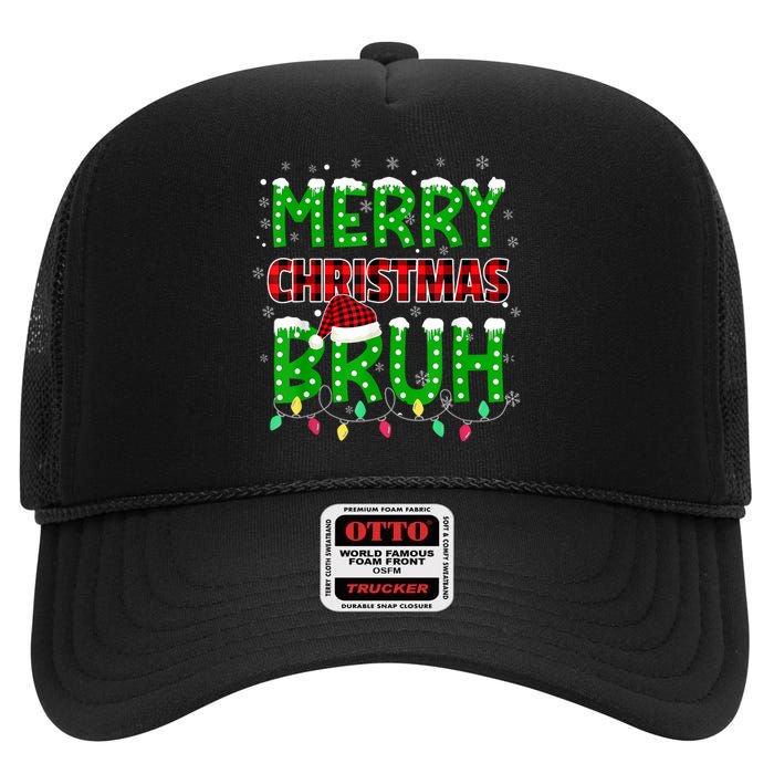 Bruh Christmas Red Plaid Teens Boy Xmas Pajama High Crown Mesh Back Trucker Hat