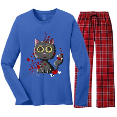 Black Cat Red Hearts Funny Cat Mom Valentines Day Cat Lover Gift Women's Long Sleeve Flannel Pajama Set 