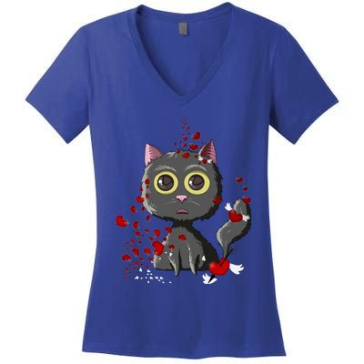 Black Cat Red Hearts Funny Cat Mom Valentines Day Cat Lover Gift Women's V-Neck T-Shirt