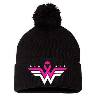 Breast Cancer Ribbon Pom Pom 12in Knit Beanie