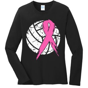 Breast Cancer Ribbon Volleyball Awareness Ladies Long Sleeve Shirt