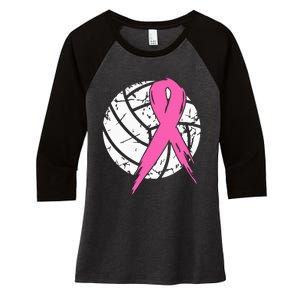 Breast Cancer Ribbon Volleyball Awareness Women's Tri-Blend 3/4-Sleeve Raglan Shirt