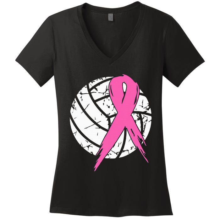 Breast Cancer Ribbon Volleyball Awareness Women's V-Neck T-Shirt