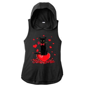 Black Cat Red Rose Valentines Day Ladies PosiCharge Tri-Blend Wicking Draft Hoodie Tank