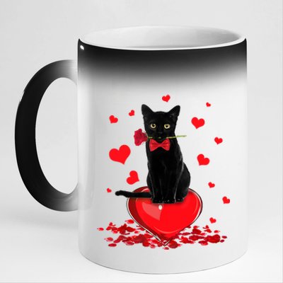 Black Cat Red Rose Valentines Day 11oz Black Color Changing Mug