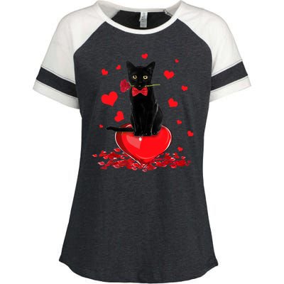 Black Cat Red Rose Valentines Day Enza Ladies Jersey Colorblock Tee