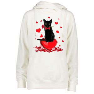 Black Cat Red Rose Valentines Day Womens Funnel Neck Pullover Hood