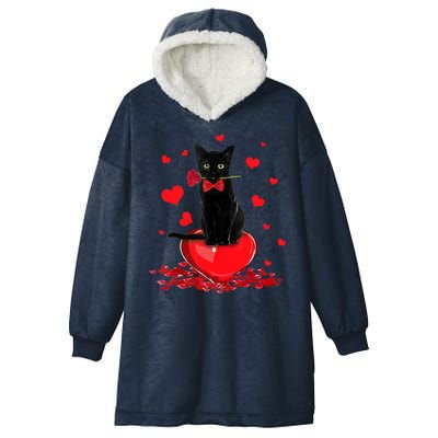 Black Cat Red Rose Valentines Day Hooded Wearable Blanket