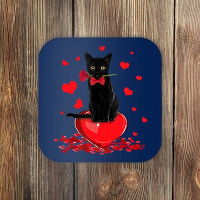 Black Cat Red Rose Valentines Day Coaster