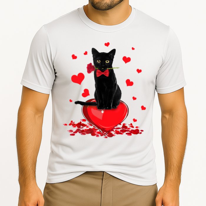 Black Cat Red Rose Valentines Day Cooling Performance Crew T-Shirt