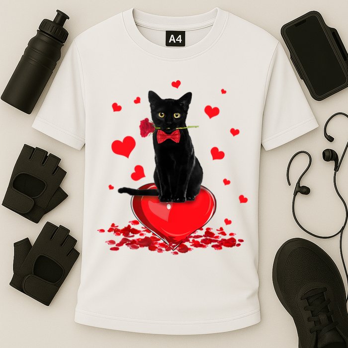 Black Cat Red Rose Valentines Day Cooling Performance Crew T-Shirt